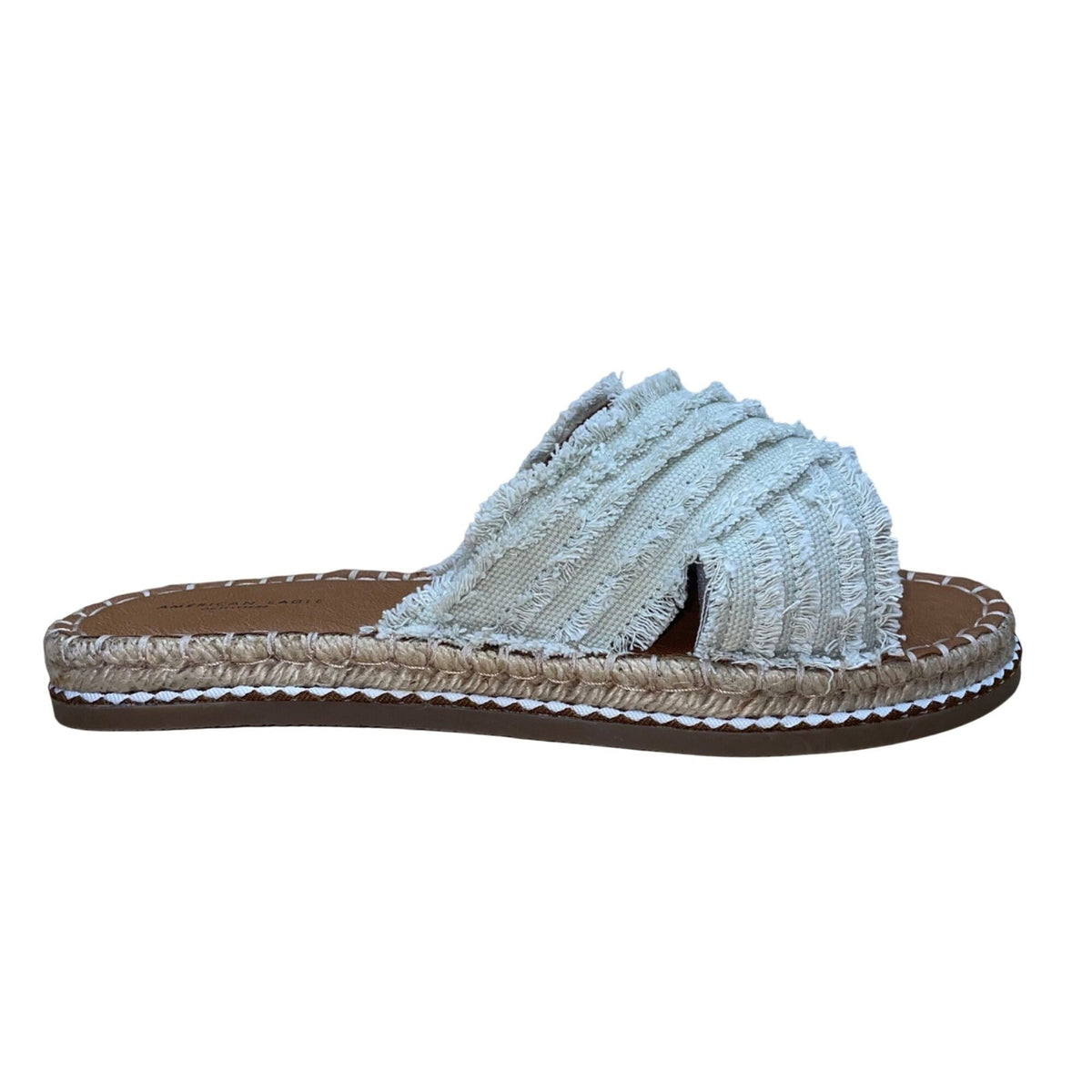 American Eagle Women’s White Cotton Fringe Cross Strap Slide Sandals Size 9