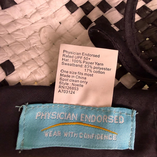 Physician Endorsed Womens Black & White Paper Yarn Sun Hat With Chin Strap