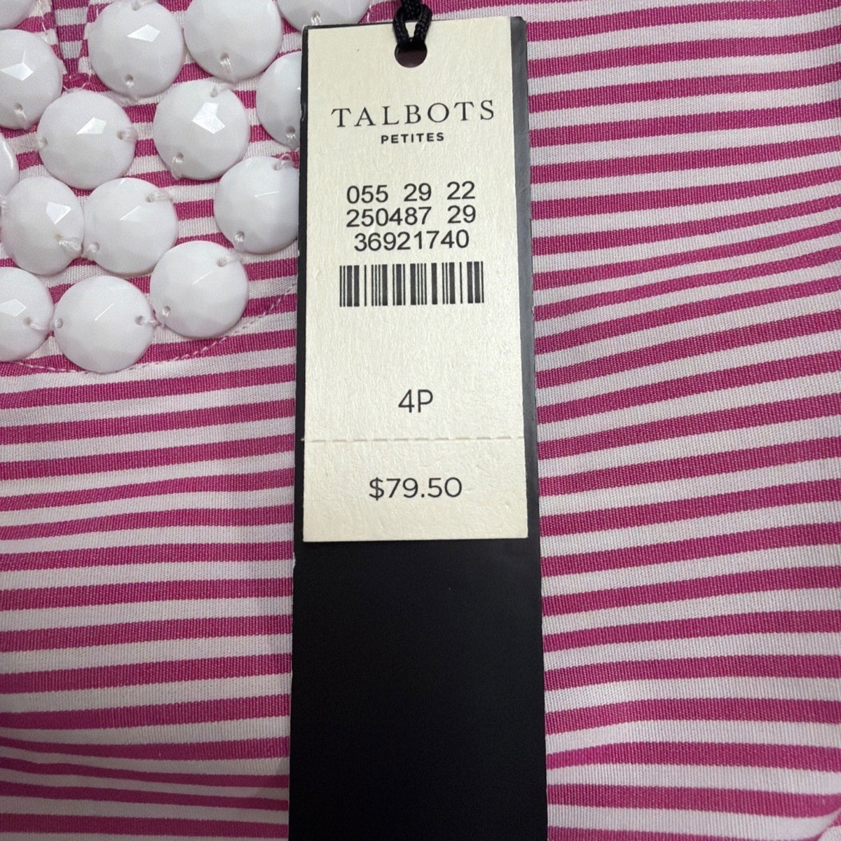 Talbots Womens Pink & White Striped Sleeveless Top With Beaded Neck Sz 4P - New