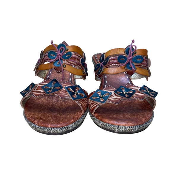 Spring Step Women’s Brown Leather Floral Slip-On Savory Heeled Sandals Size 37