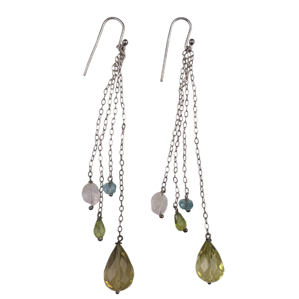 Sterling Silver Multicolor 4 Teardrop Dangle Earrings Green & Blue Gem Accents