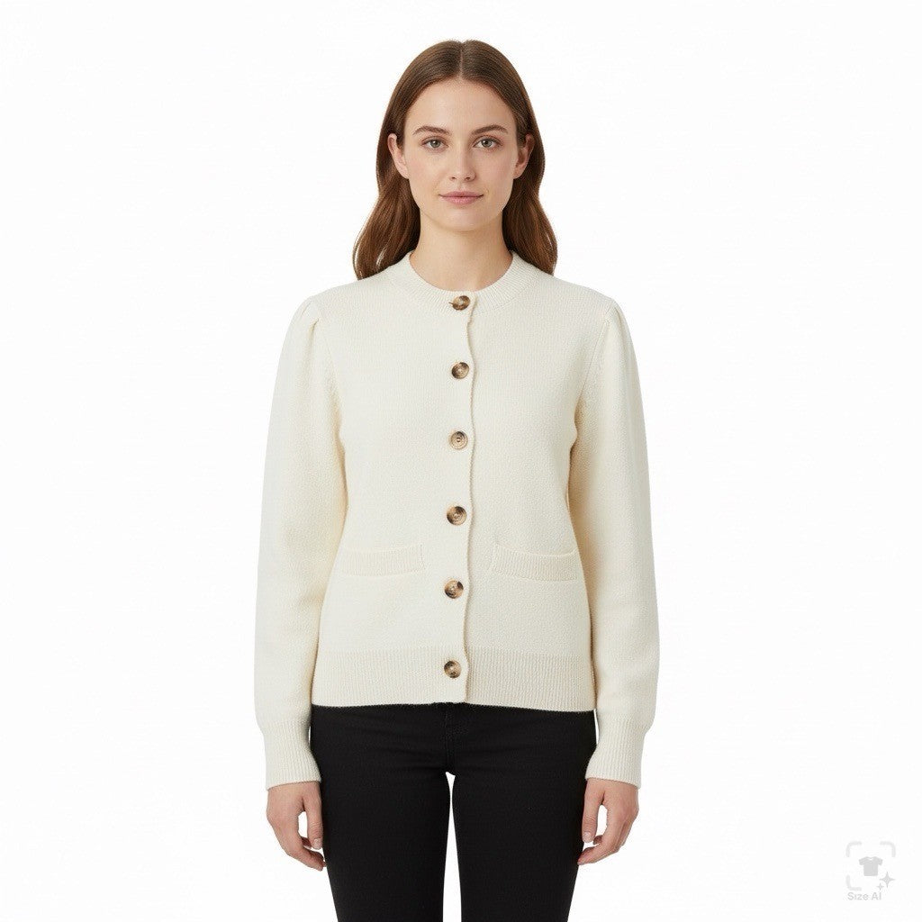 Womens Cream Button-Up Cardigan Sweater Long Sleeve Lightweight Knitted