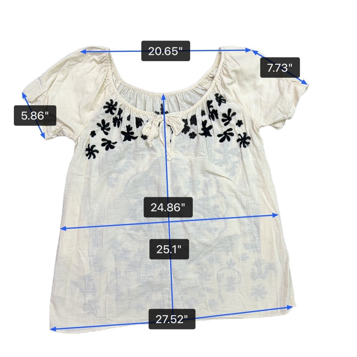 White Womens Cotton Embroidered Floral Short Sleeve Blouse Boho Casual Top Sz M