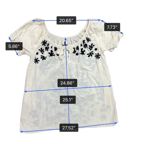 White Womens Cotton Embroidered Floral Short Sleeve Blouse Boho Casual Top Sz M