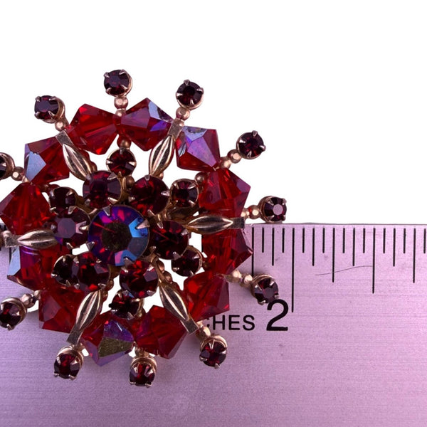 Silver Tone Womens Red Crystal Snowflake Brooch Costume Jewelry Round Design