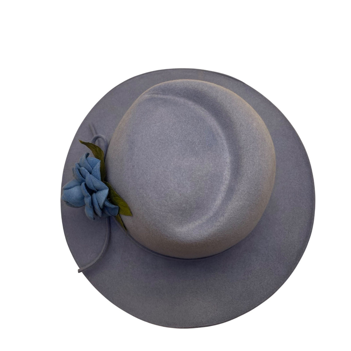 Vintage Adolfo II Womens Light Blue Wool Wide-Brim Hat Floral Accent Retro Style