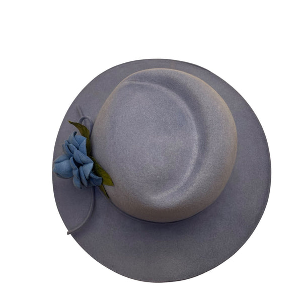 Vintage Adolfo II Womens Light Blue Wool Wide-Brim Hat Floral Accent Retro Style