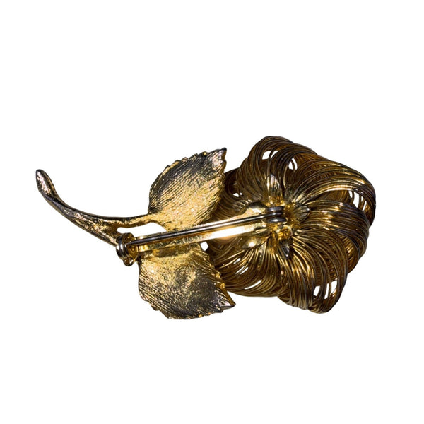 Vintage Gold Tone Wire Rose Rhinestone Brooch Jewelry Floral Design