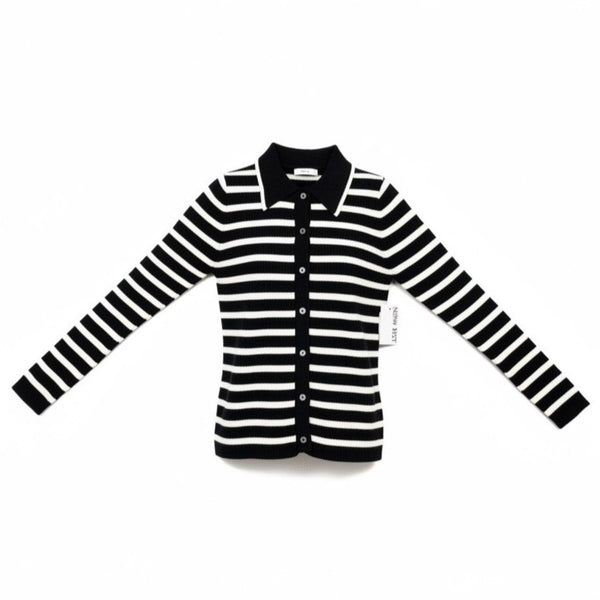 Nine West Womens Black & White Striped Button-Up Cardigan Sweater Size S