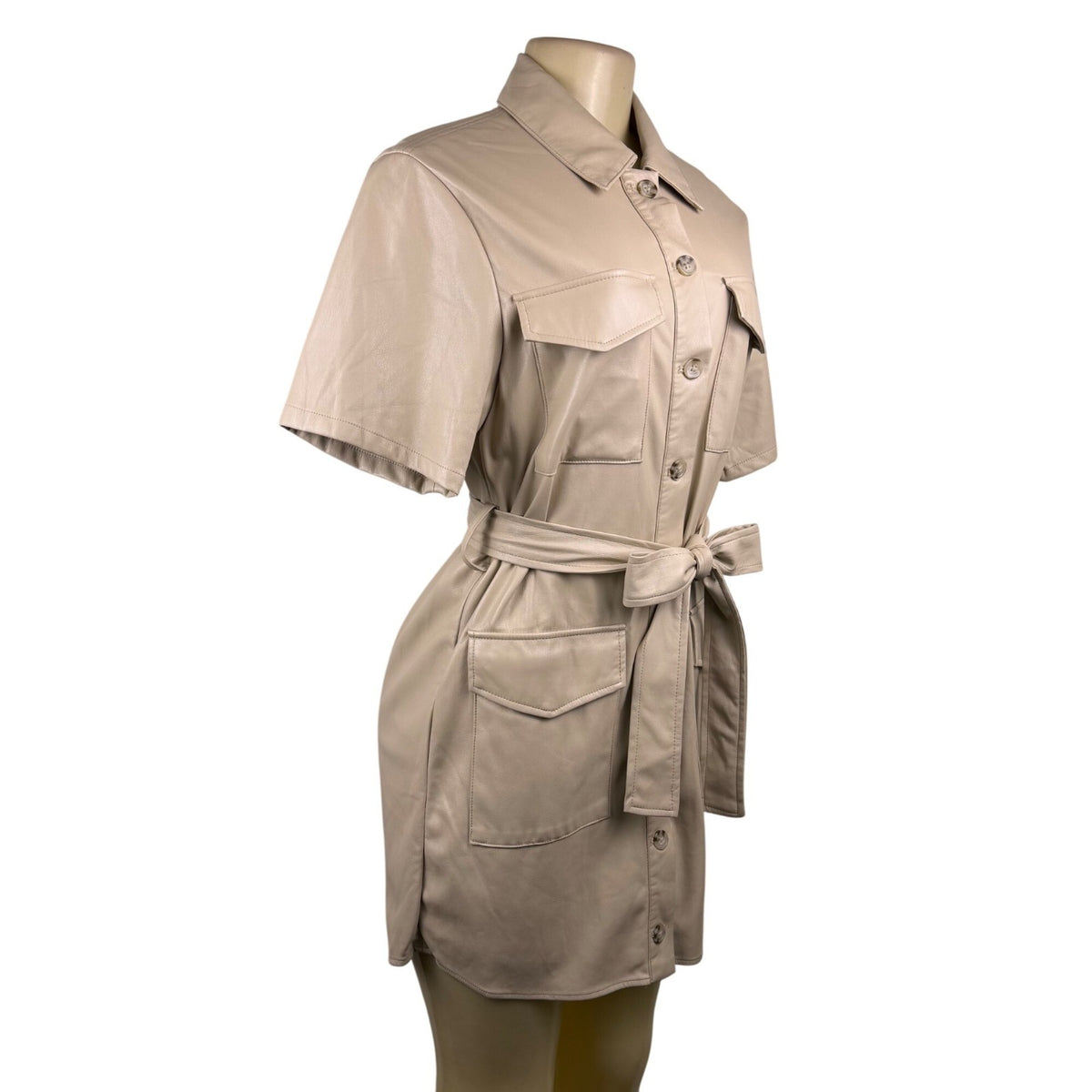 House Of Harlow 1960 Beige Faux Leather Short Sleeve Button-Down Mini Dress Sz S