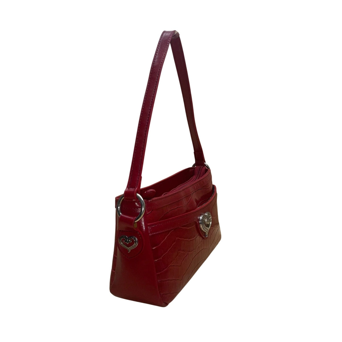 Brighton Women's Red Faux Leather Croc Embossed With Heart Accent Shoulder Bag