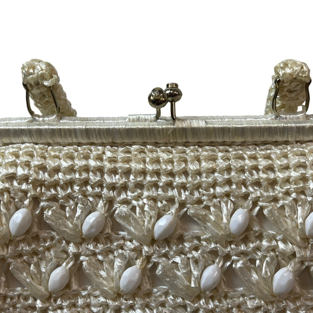 Vintage Women's White Ivory Woven Basket Beads Kiss-lock Handbag Sz M