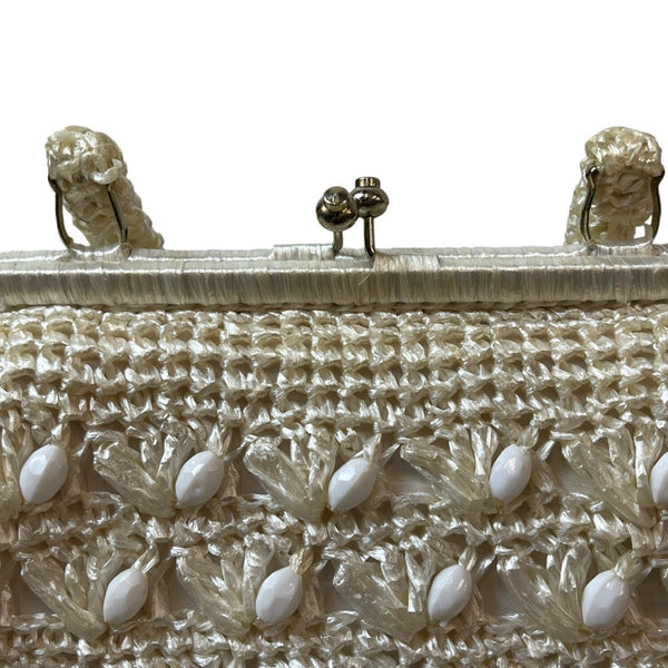 Vintage Women's White Ivory Woven Basket Beads Kiss-lock Handbag Sz M