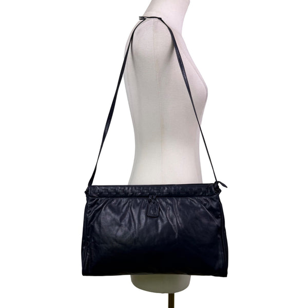 Anne Klein Women’s Dark Blue Leather Soft Woven Detail Logo Tag Shoulder Bag