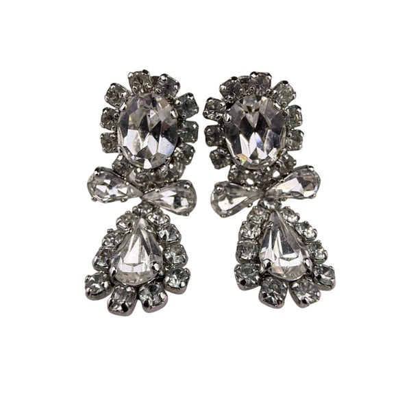 Chr.  Germany Vintage Silver Tone Rhinestone Clip-On Earrings Elegant Design