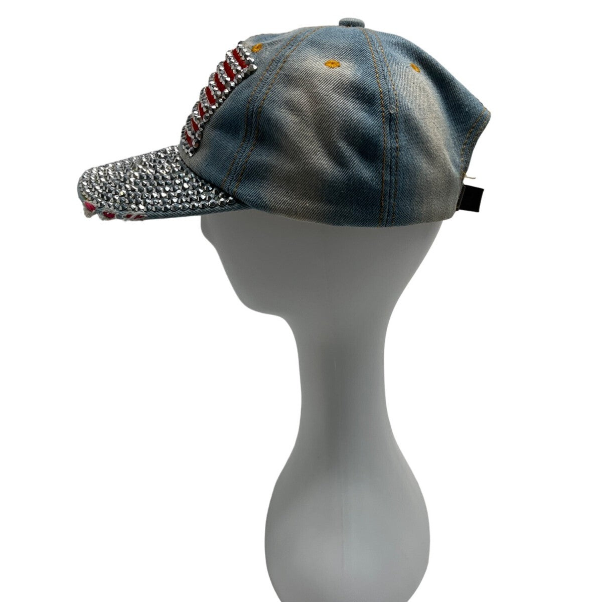 American USA Flag Rhinestone Distressed Design Denim Cap With Adjustable Strap