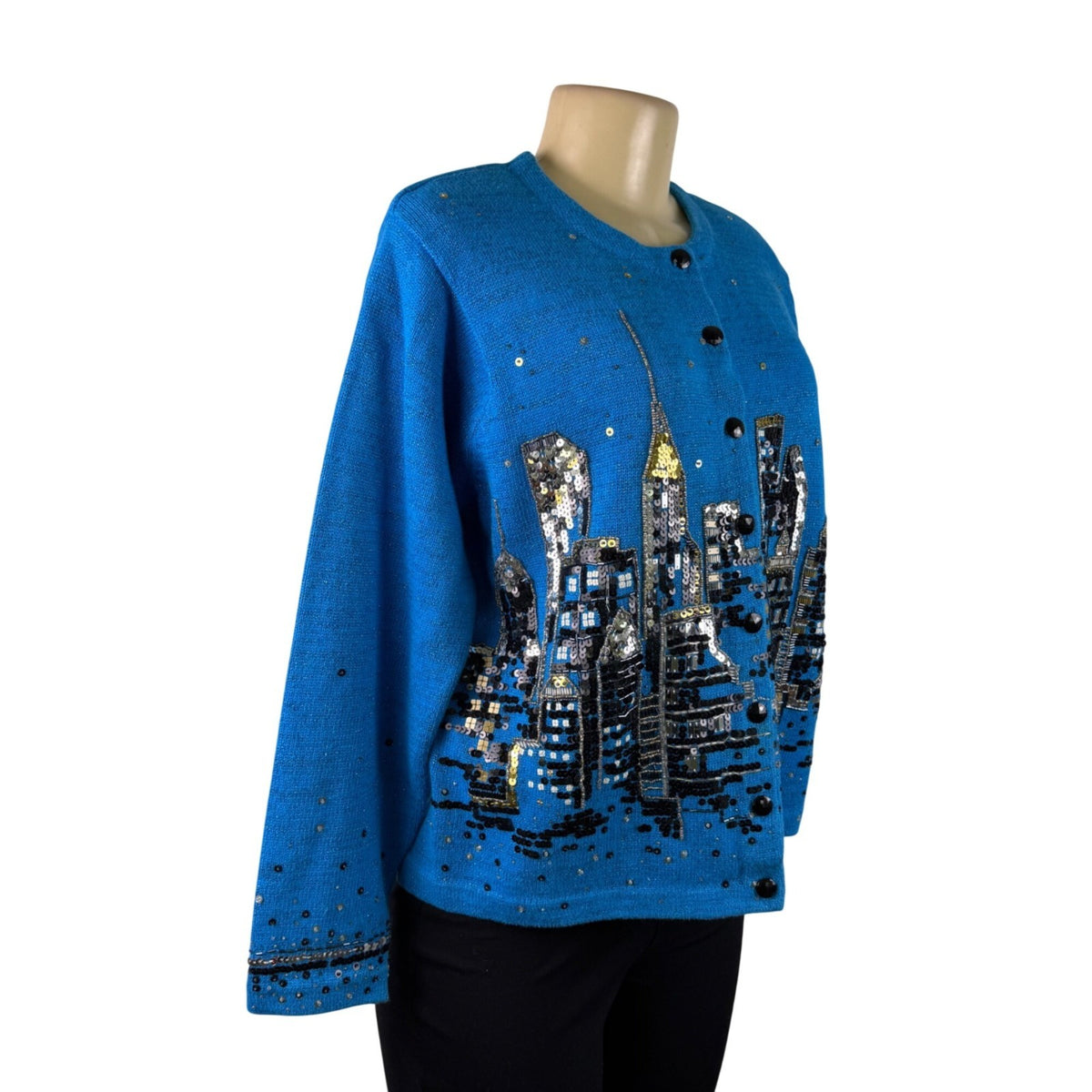 Design Options Womens Blue Button-Up Sequin Cardigan Skyline Embellished Sz L