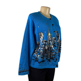 Design Options Womens Blue Button-Up Sequin Cardigan Skyline Embellished Sz L