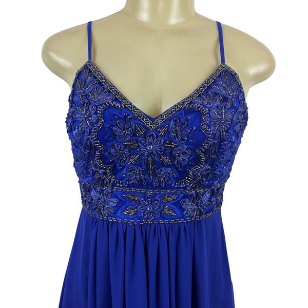 Sue Wong Royal Blue Beaded Maxi Dress With Spaghetti Straps & V-Neckline Size 2