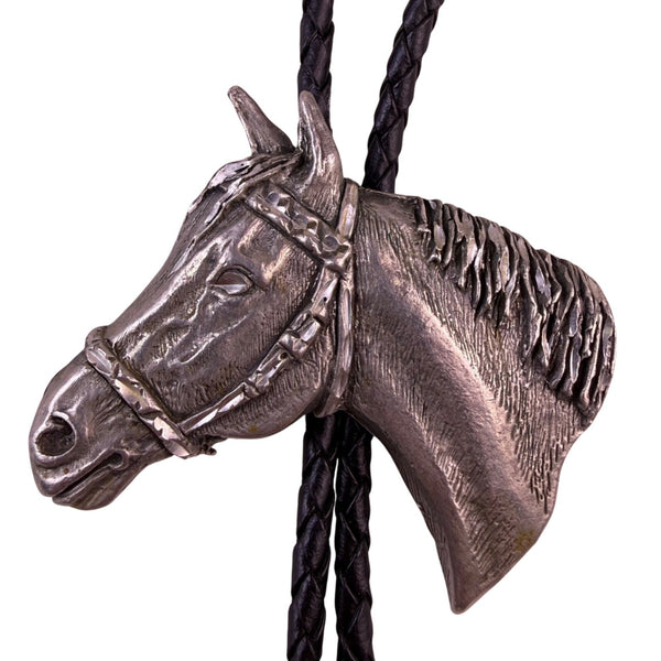 Western Silver Tone Horse Head Pendant Bolo Tie Black Braided Cord Adjustable