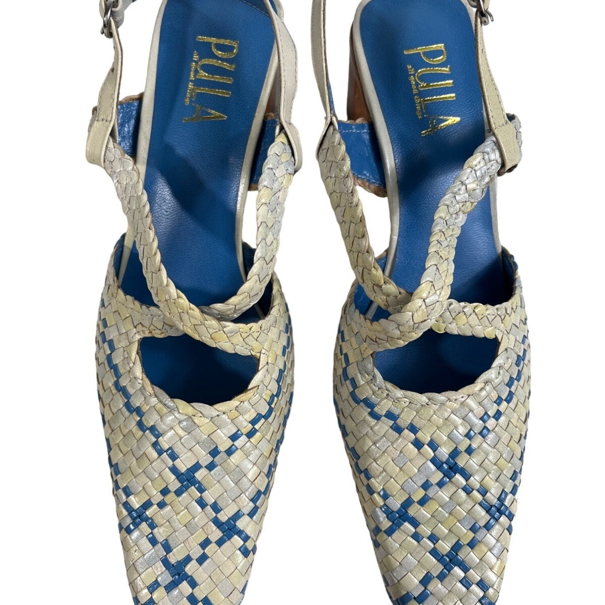 Pula Women’s  Yellow Blue Squared Toe Heeled Sandals Sz 6B