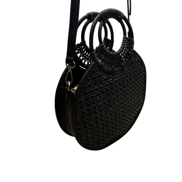 Anthropologie Women’s Black Woven With Dual Handles Round Rattan Crossbody Bag