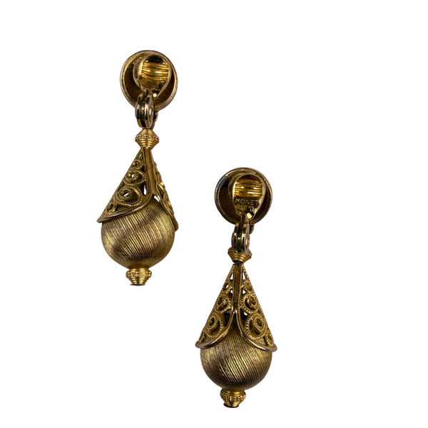 Monet Womens Gold Tone Metal Clip-On Drop Earrings Vintage 1970s Intricate Filig