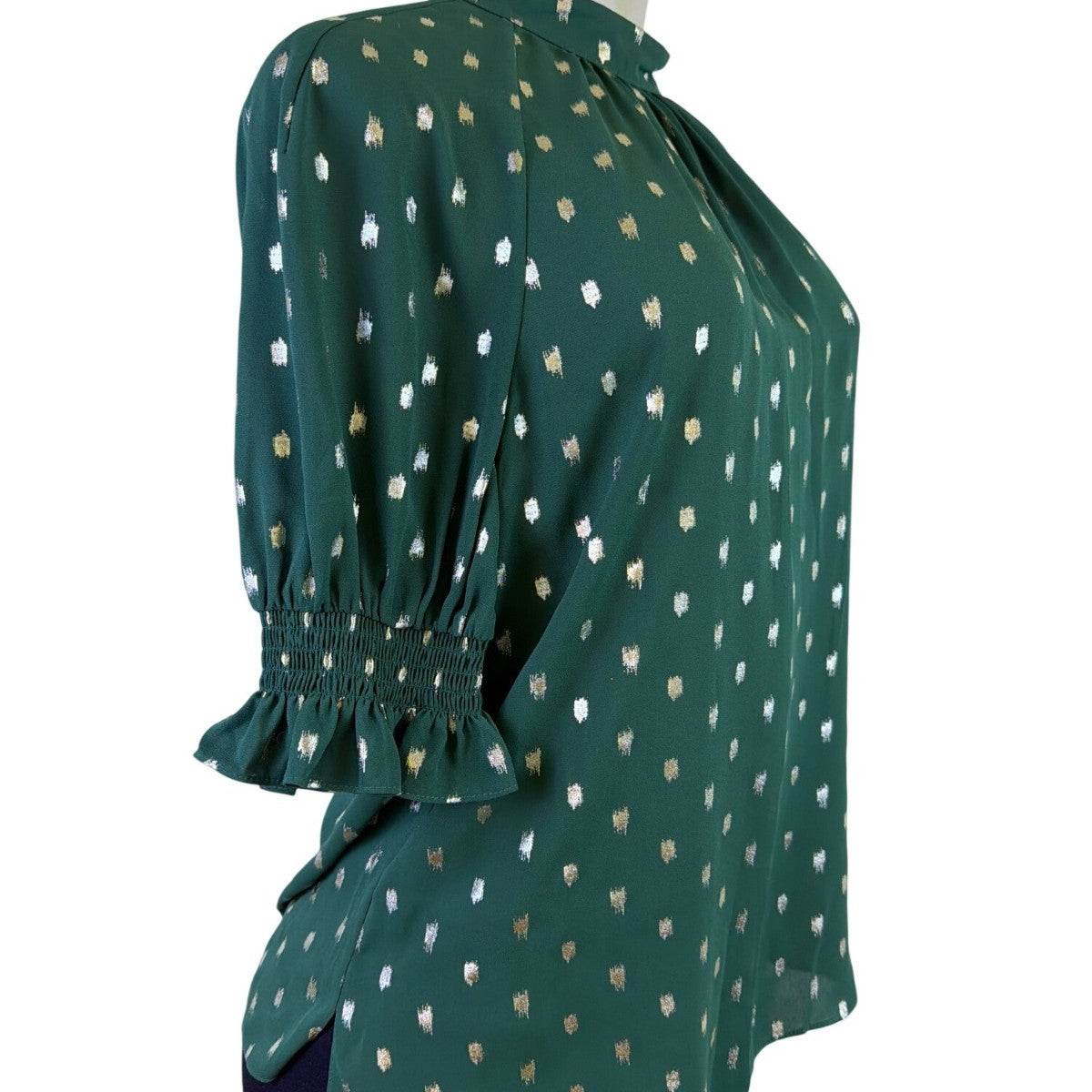 Ted Baker Womens Green Puff Sleeve Top Metallic Polka Dot Accent Size 1