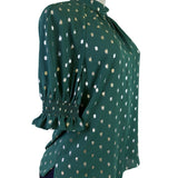 Ted Baker Womens Green Puff Sleeve Top Metallic Polka Dot Accent Size 1