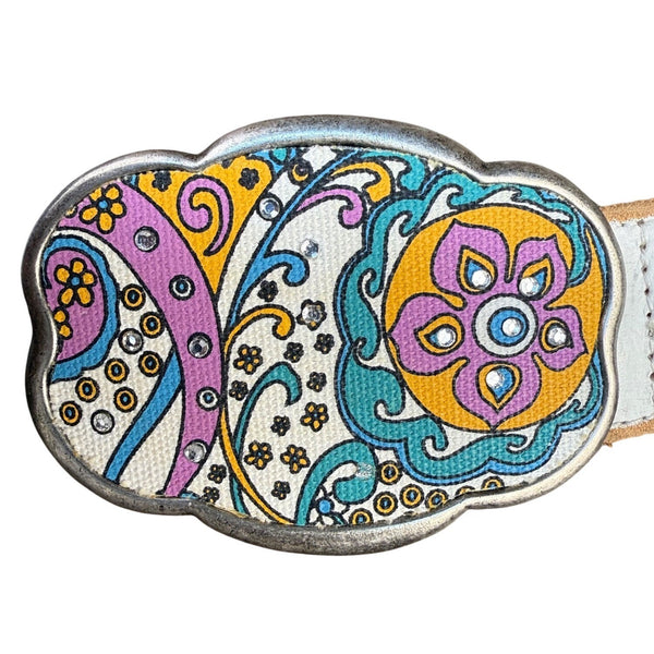 Leather Womens White Belt With Colorful Paisley Buckle Design
