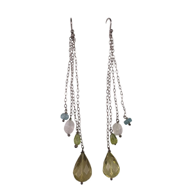Sterling Silver Multicolor 4 Teardrop Dangle Earrings Green & Blue Gem Accents