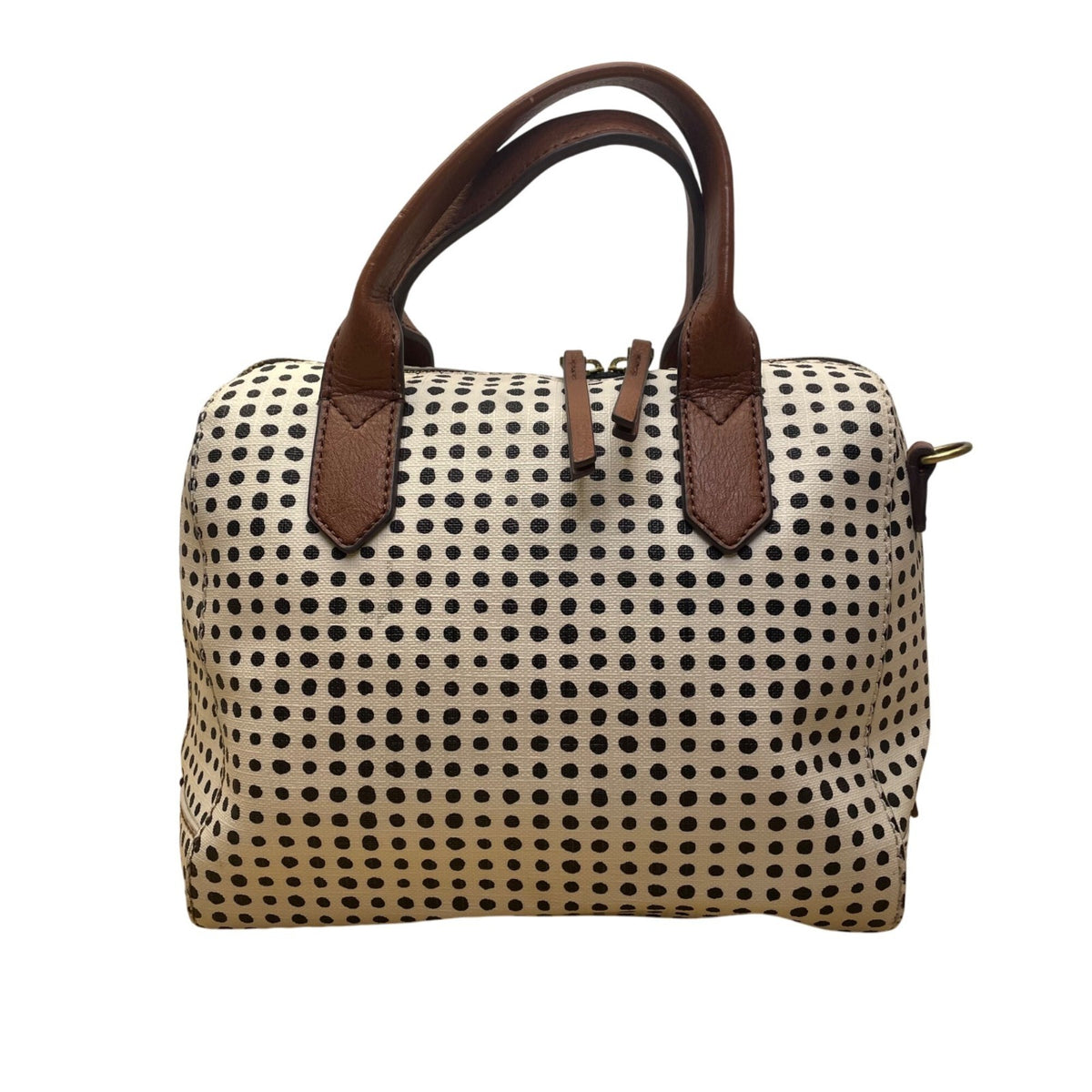 Fossil Women’s White/Black Polka Dot With Brown Handles Duffel Satchel Tote