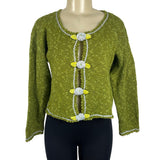Hot Knots Womens Green Knit Cardigan With Floral Accent & Scalloped Trim