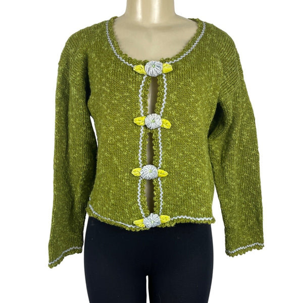 Hot Knots Womens Green Knit Cardigan With Floral Accent & Scalloped Trim