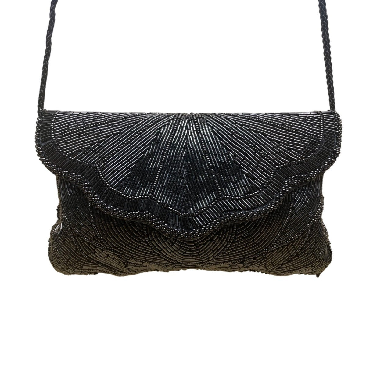 André Cellini Women’s Black Beaded Elegant Scallop Design Formal Crossbody Bag