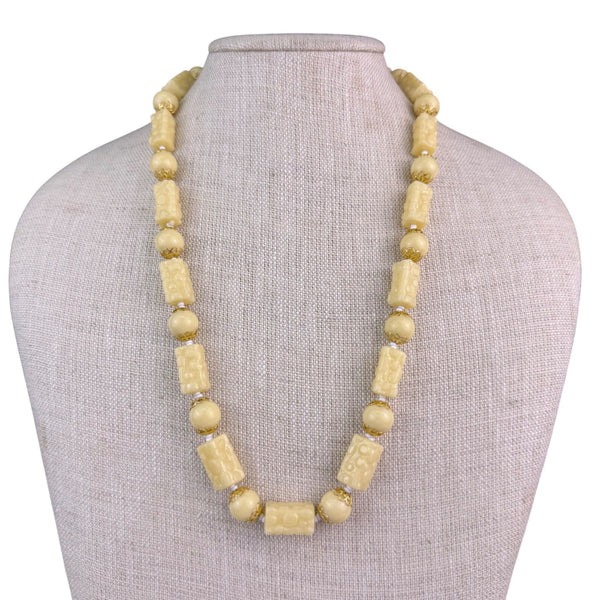 Hand Carved Bead Necklace Womens Cream Carved Artisan Statement Jewelry