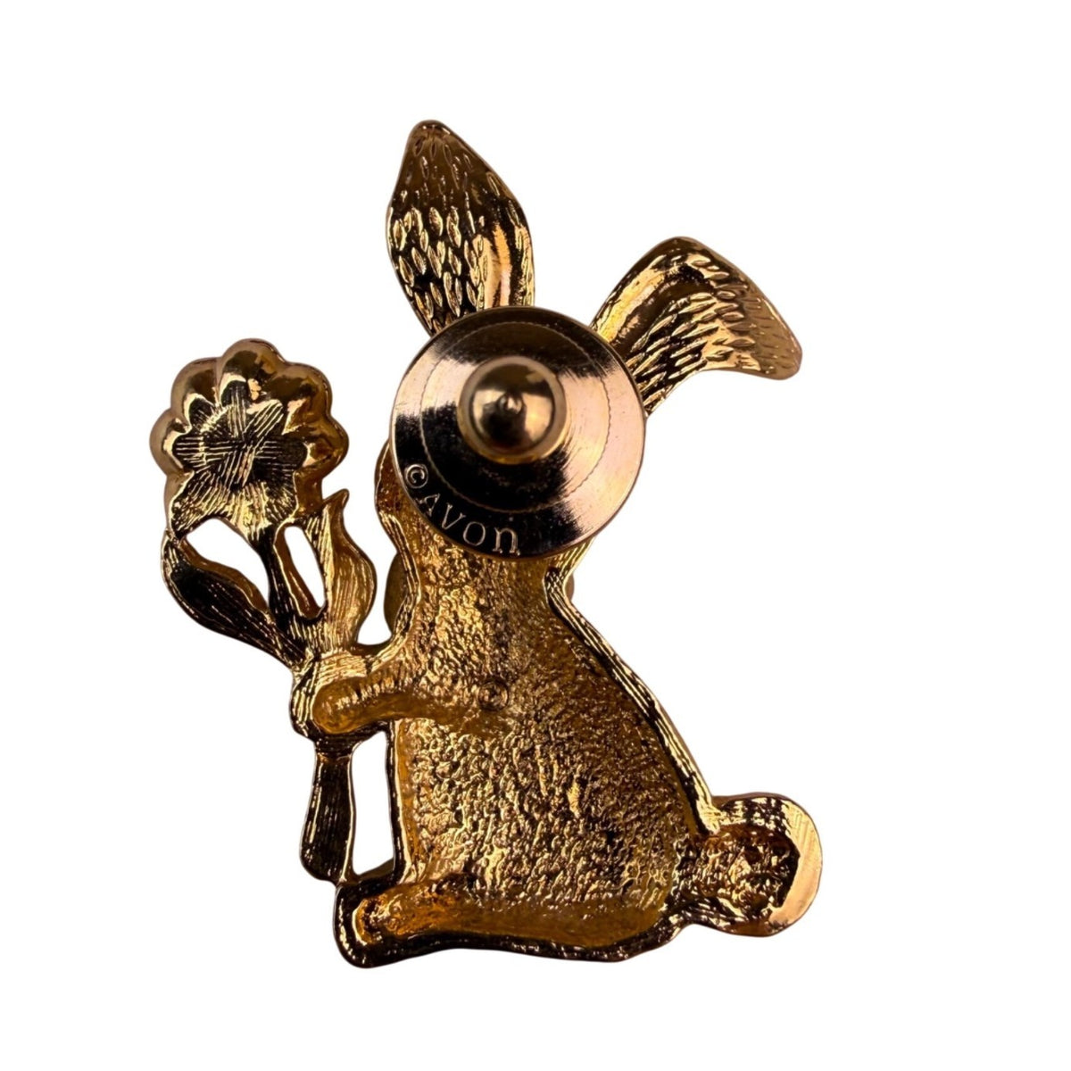 Avon Womens Gold Tone Bunny Rabbit Brooch With Flower Pin Vintage 1990