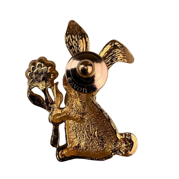 Avon Womens Gold Tone Bunny Rabbit Brooch With Flower Pin Vintage 1990