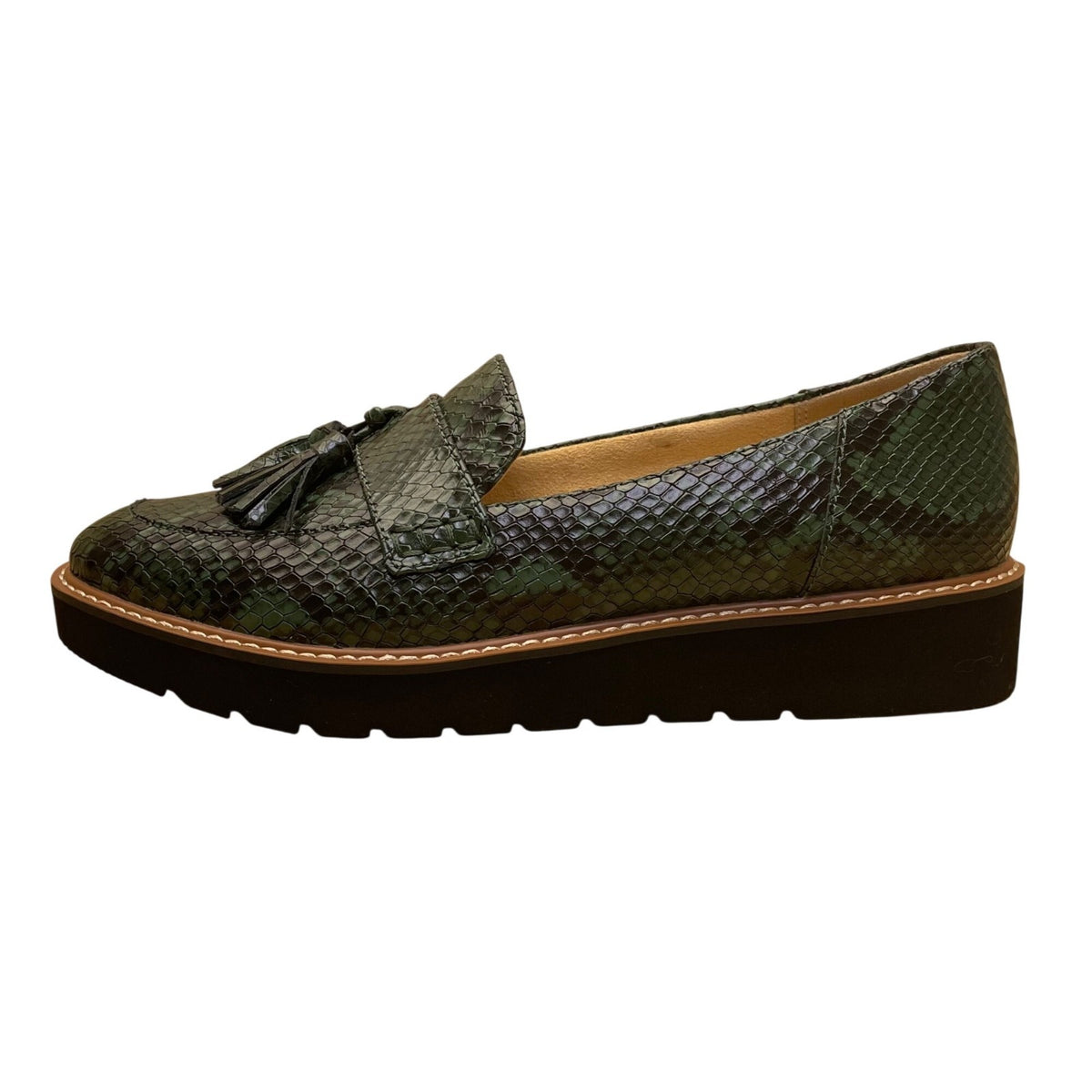 Naturalizer Women’s Green Leather Snakeskin Pattern Tassel Flat Loafers Size 9M