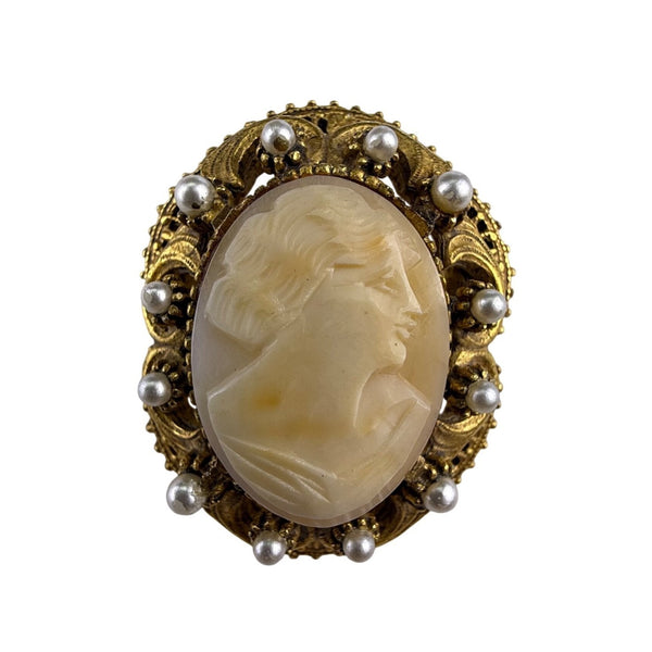 Florenza Gold Tone Womens Cameo Brooch With Faux Pearl Filigree Frame