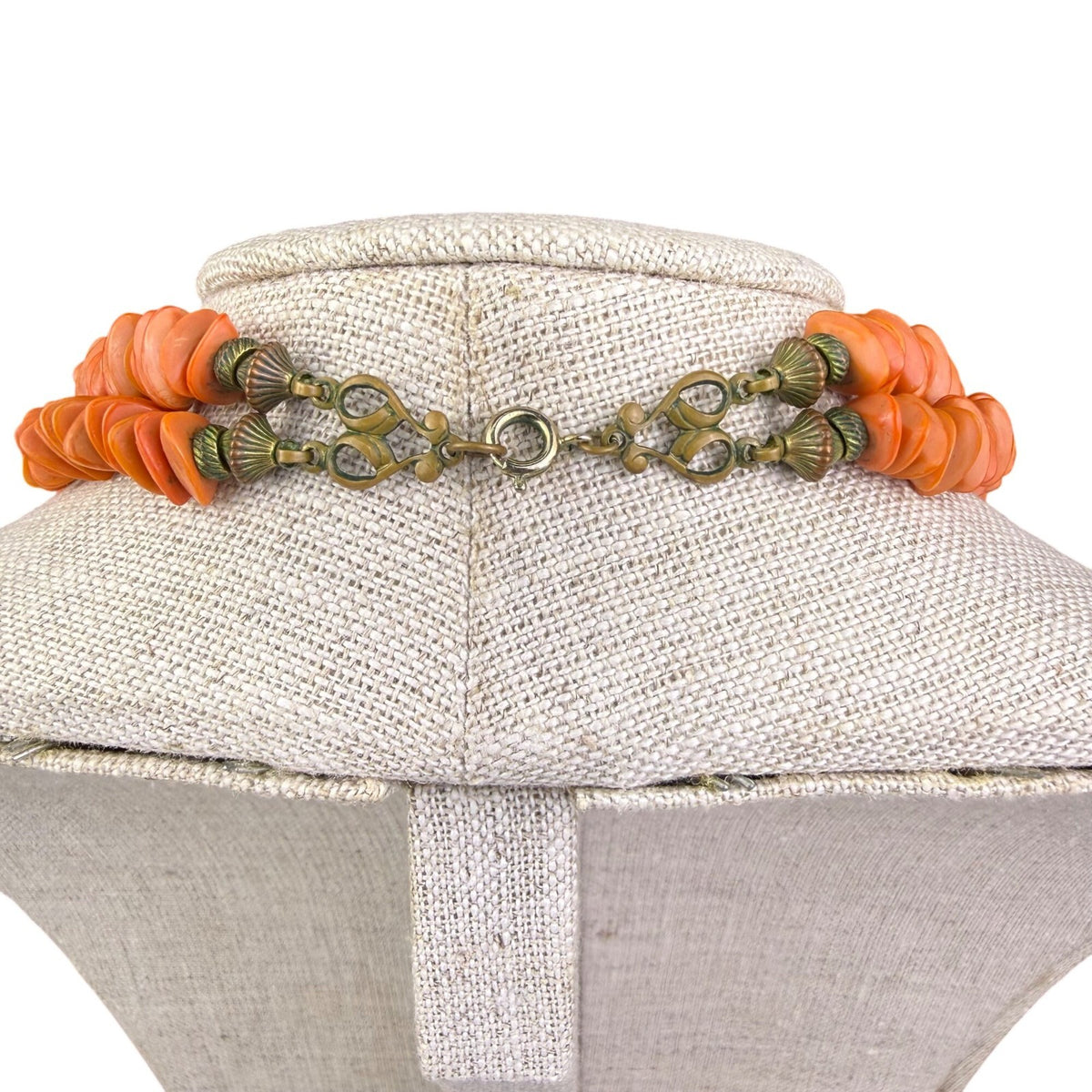 Coral & White Conch Shell Statement Necklace W/ Gold Tone Accents & Hook Clasp