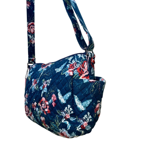 Vera Bradley Womens Navy Quilted Floral Adjustable Strap On-The-Go Crossbody Bag