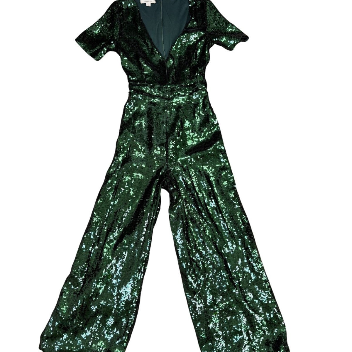 Francescas Womens Green Sequin Jumpsuit Short Sleeve Wide Leg Sz XS