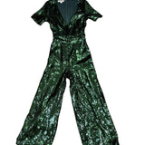 Francescas Womens Green Sequin Jumpsuit Short Sleeve Wide Leg Sz XS
