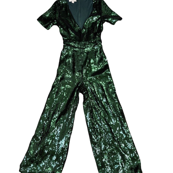 Francescas Womens Green Sequin Jumpsuit Short Sleeve Wide Leg Sz XS
