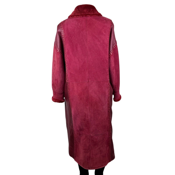 Oscar De La Renta Womens Red Shearling & Leather Long Coat Button Detail Size 8
