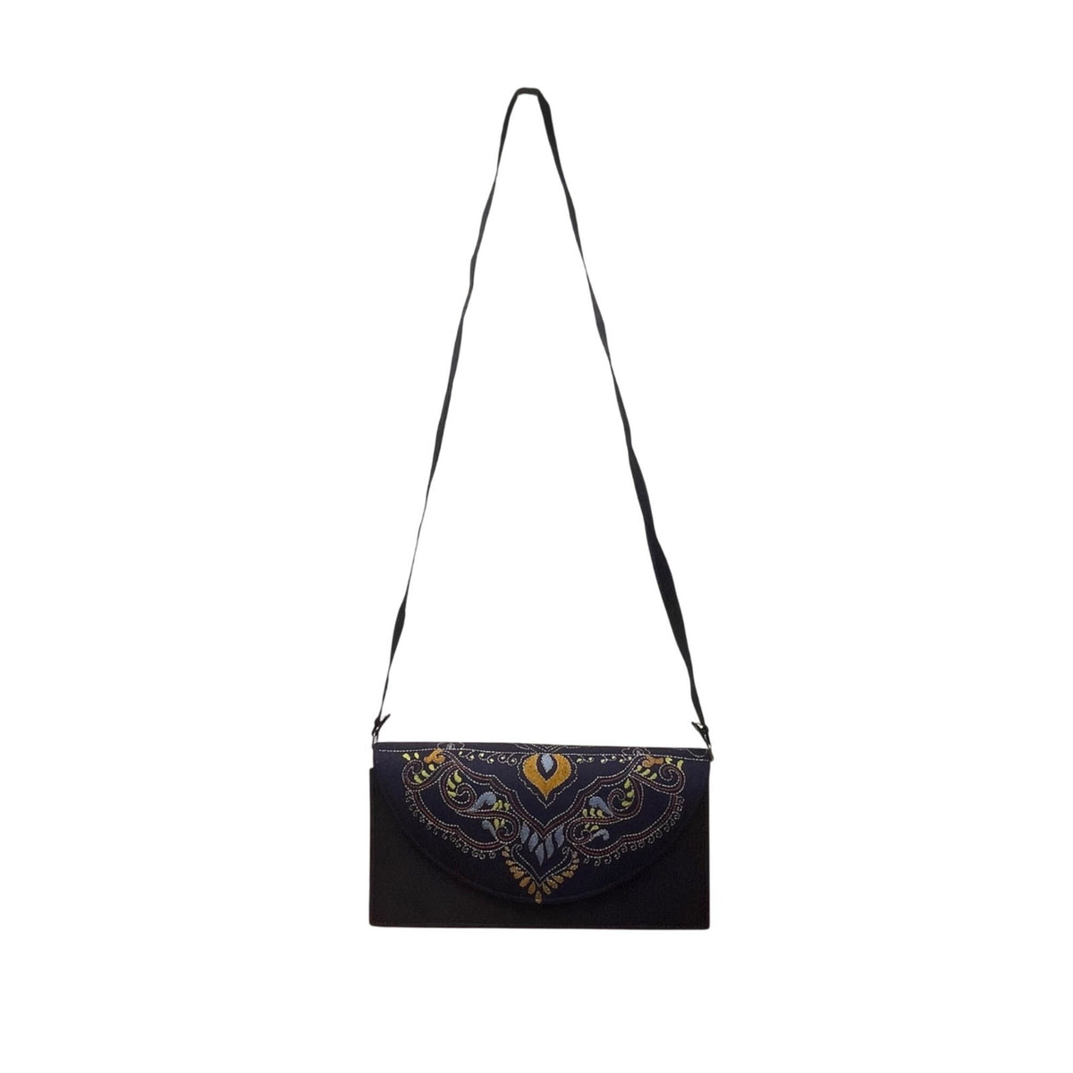 Embroidered Shoulder Bag Women Blue Fabric Fold-Over Clutch Adjustable Strap