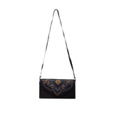 Embroidered Shoulder Bag Women Blue Fabric Fold-Over Clutch Adjustable Strap