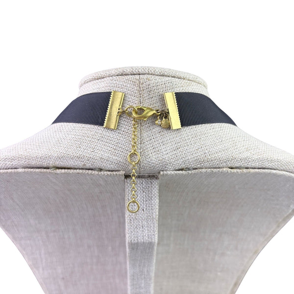 Ann Taylor Womens Gold Tone Black Navy Fabric Floral Statement Necklace