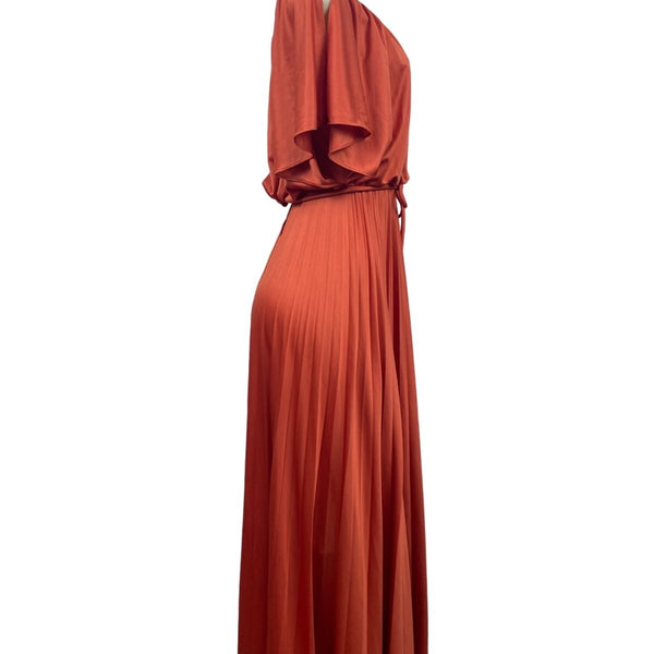 Vintage Style Rust Orange Maxi Dress With Belt & Flutter Sleeves S/M
